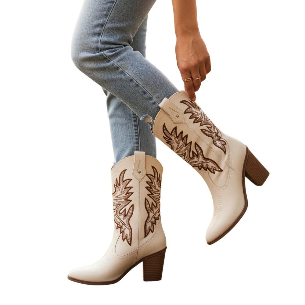 MIA Taley Western Boot Womens 8.5 M Cream Cowgirl Mid Calf Stitching Round Toe